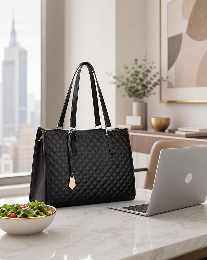 2 in 1 Tote Bag Lunch Bag Combo,Lunch Tote Bag for Women, Large Convertible Laptop Work Handbag for Women (Black) - Image 2