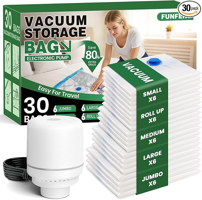 Vacuum Storage Bags,30Pack Vacuum Seal Bags with Electric Air Pump,Vacuumm Seal Bag for Clothing,Travel,Clothes,Comforters,Blankets,Pillows-6 Jumbo+6 Large+6 Medium+6 Small+6 Roll Up Space Saving Bag by FUNFERY