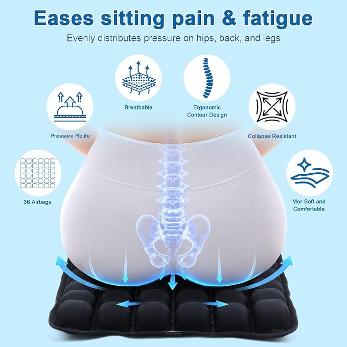 Airplane Seat Cushion for Long Flights– Inflatable & Portable Travel Cushion, Adjustable Air Cushion with Non-Skid Bottom for Coccyx & Wheelchair Relief, No External Pump Needed - Image 3