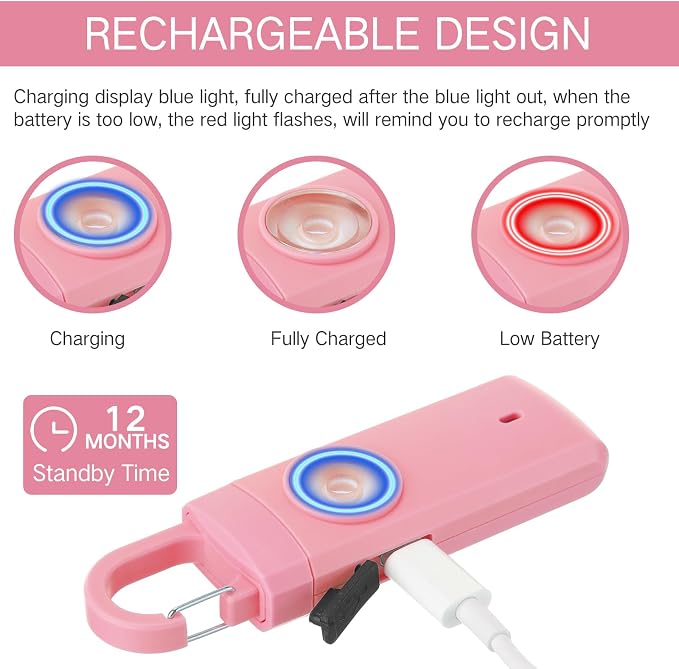 Tellegloww 6 Pcs 130 dB Personal Safety Alarm for Women, Personal Alarm Keychains Loud Siren with LED Strobe Light & Low Battery Notice Rechargeable Self Defense Keychain for Mom(Multicolor,Snap) - Image 5