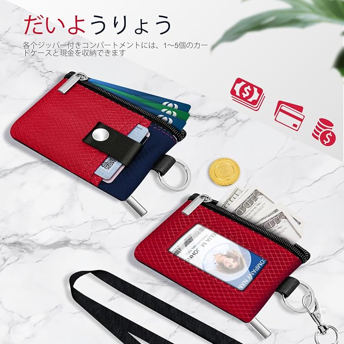 Minimalist RFID Blocking Small Wallet with ID Window,WaterResistant Zip Id Case Wallet with Lanyard Keychain for Cards,Cash,Travel,Women,Men (Red/Dark blue) - Image 7