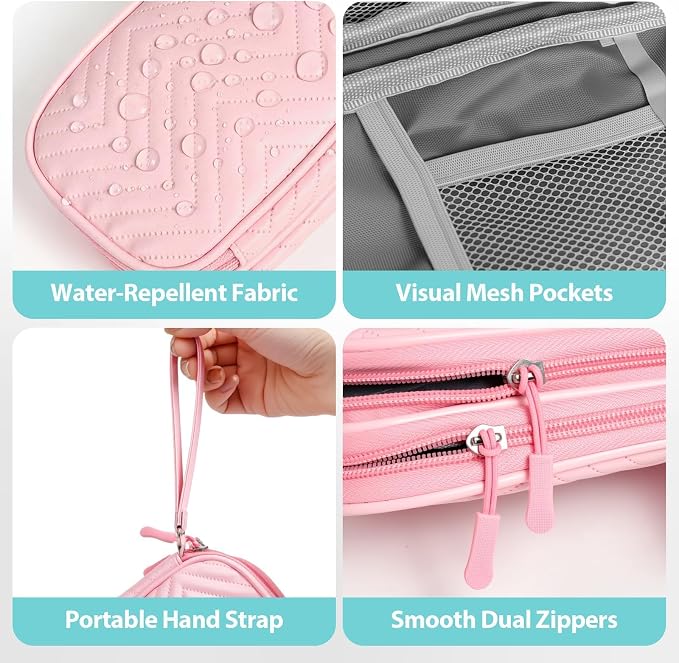 Double Layer Electronics Organizer Bag, Sakura Pink | Water-resistant PU leather travel pouch. Features 8 anti-tangle compartments for 3ft+ cords & chargers. Includes 8 ties. - Image 4