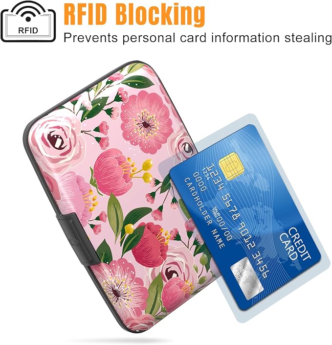 Rimilak Aluminuml Credit Card Holder,Rose Flower | Mini Credit Card Wallet RFID Blocking Slim Metal Hard Case for Women Men - Image 2