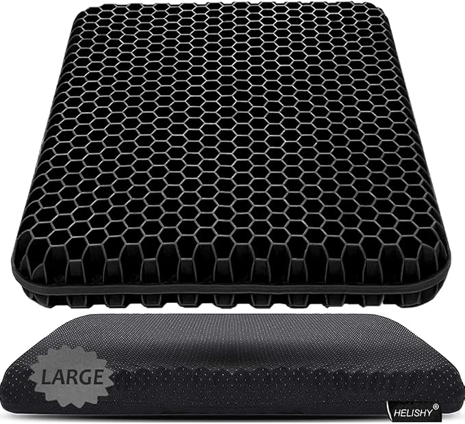Gel Seat Cushion, Large Gel Cushion Breathable Honeycomb Chair Pads Gel Cushion with Non-Slip Cover for Home Office Chair Car Seat Wheelchair Absorbs Body Pressure Points, As Seen on TV (Black) by Helishy