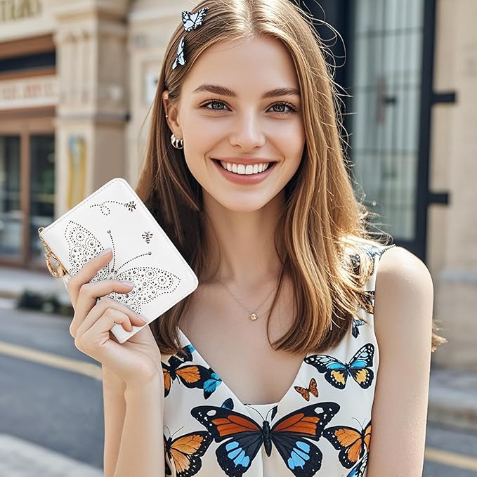 KITEVIUN Women RFID Blocking Small Bifold Wallet, Compact Cash Clutch with Zipper Coin Pocket, Glittery Butterfly Design, Credit Card Holder, Travel Purse with Tassel WHITE - Image 2