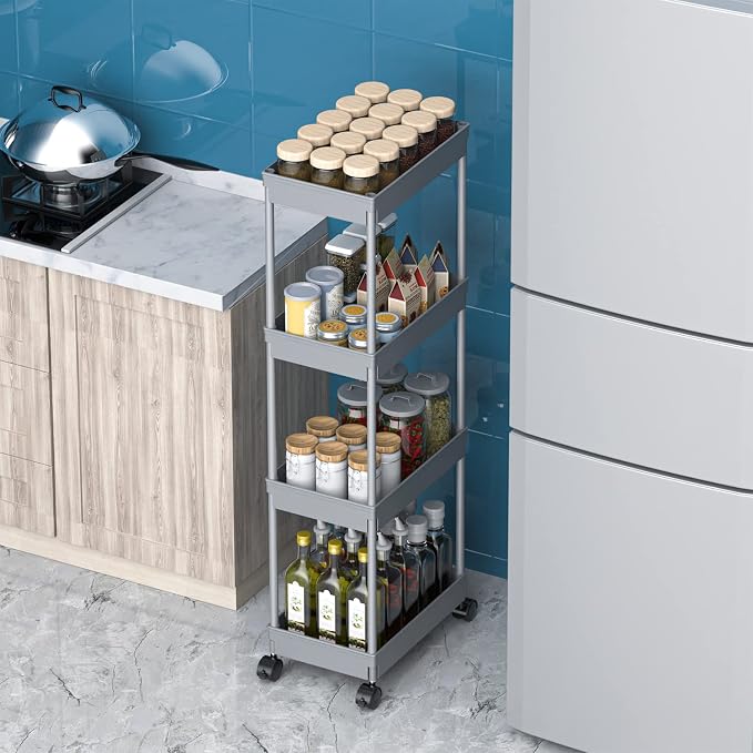Sooyee 4 Tier Wide Storage Cart, Rolling Utility Cart Grey | Mobile Shelving Unit Organizer with Wheels, Slide Out Storage, Tower Rack, For Kitchen Bathroom Laundry - Image 6