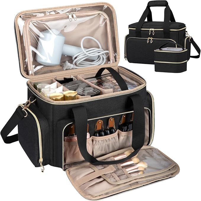 GDNasist Large Makeup Bag, Portable Travel Makeup Bag Organizer | Cosmetic Travel Bag for Women Girls with 2 Removable Pouches & Detachable Dividers, Toiletry Bag for Makeup and Hair Supplies by GDNasist