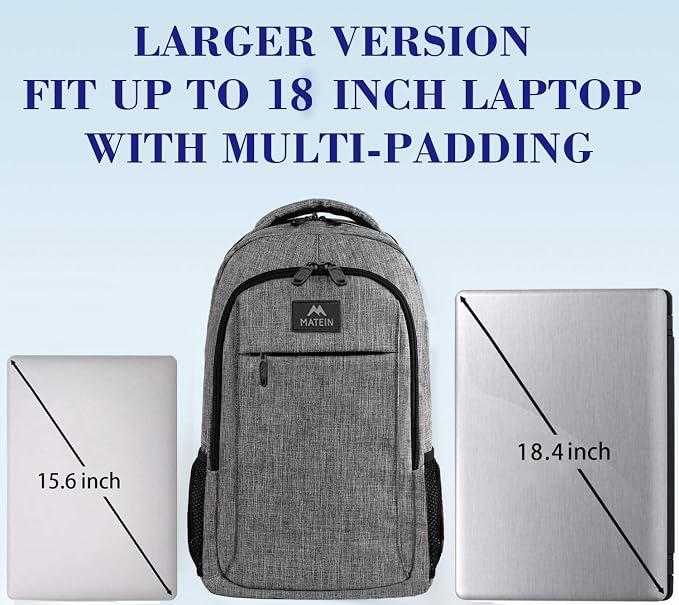 MATEIN Extra Large 18.4 Inch Laptop Backpack, TSA Friendly Travel Backpack | Laptop Compartment, Anti Theft, Flight Approved, College Business Work Big Bag for Women Men, Daily Commute & Office, Grey - Image 3
