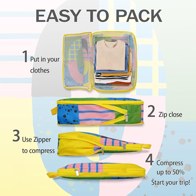 4 Pcs Compression Packing Cubes for Travel, Waterproof Luggage Organizer Washable Storage Bags Set - Packaging Cubes for Backpack Travel and Carry-Ons - Image 3