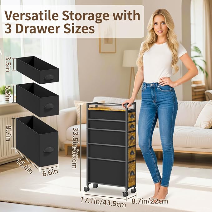 LASZOLA Narrow Cabinet Slim Storage Cart for Bathroom Small Space, 5 Tier | Skinny Rolling Organizer Shelf with Sturdy Fabric Drawers, Lightweight Mobile on Wheels, Between Washer and Dryer - Image 2