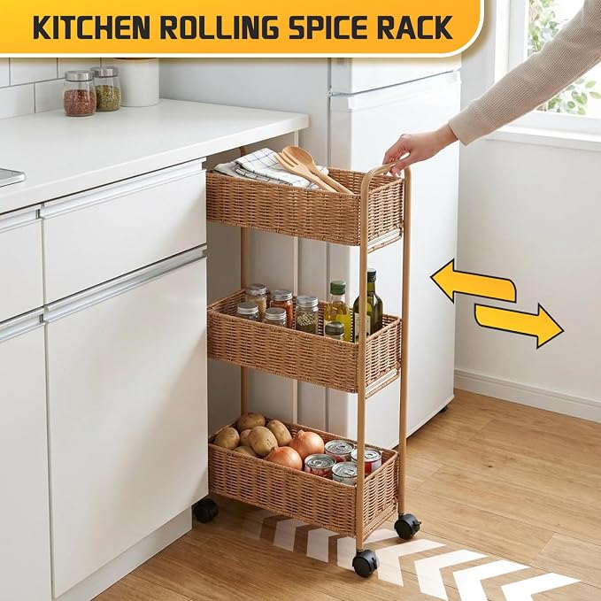 Utility Slim Storage Cart,3-Tier Rolling Kitchen Office Laundry Room Cart,Mobile Shelving Unit Organizer for Living Room Bathroom Baby Diaper Narrow Places (Natural, 3 Tiers-7.1 inch (W)) - Image 3