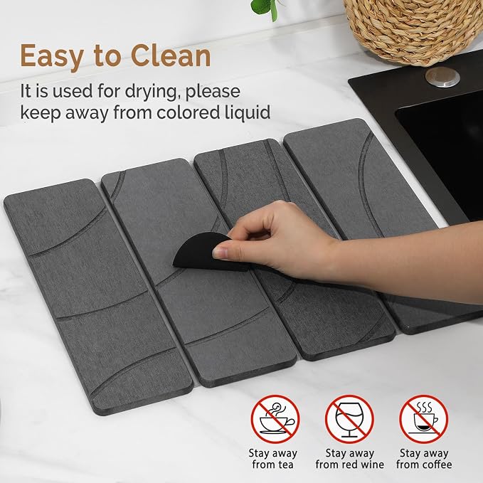 Small Stone Dish Drying Mat for Kitchen Counter, 2 PCS 16"×12" & 8"x4" Quick Dry Stone Mats, Foldable Water Absorbing Diatomite Drying Dish Pad for Countertop Bottles Utensils Cups(Carved Gray) - Image 5