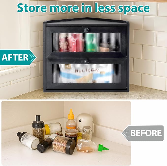 Sunhoo Bread Box for Kitchen Countertop Corner Large Wooden Bread Bin 2 Tier Rustic Food Storage Container with Acrylic Window Farmhouse Keeper Shelf Organizer for Loaves Pastries & Snacks (Black) - Image 5