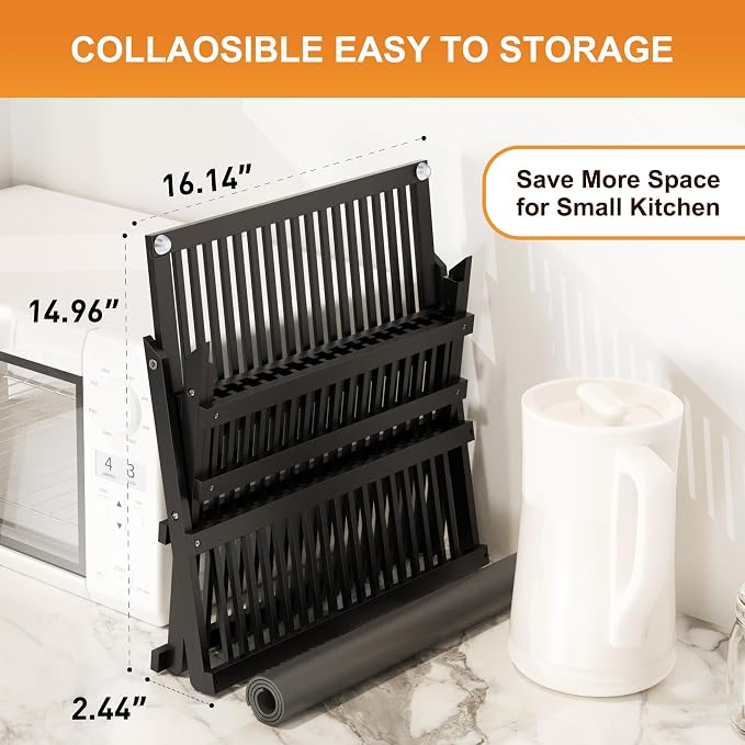 Greenual Black Bamboo Dish Drying Rack with Utensil Holder, 3 Tier Collapsible Dish Rack, Wooden Dish Racks for Kitchen Counter, Large Folding Drying Holder with Absorbent Dish Drying Mat - Image 4