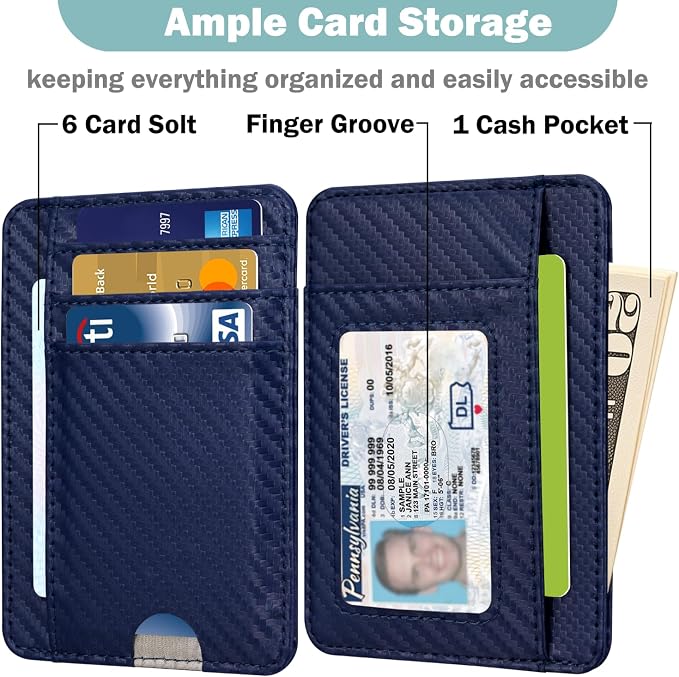 HOTCOOL Slim Wallet for Men, Minimalist Front Pocket Simple Leather Credit Card Holder RFID Blocking for Men & Women, Thin Organizer Gifts, Carbon Fiber - Navy Blue - Image 2