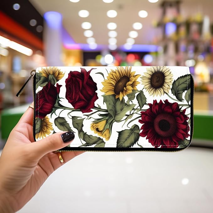 Wallet,Leather Long Wallet Suitable For Ladies And Teenagers - Detachable Wristband + RFID Travel Wallet With Card Slot - Roses Sunflower - Image 4
