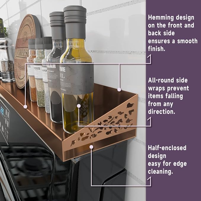 STUTOV 30" Magnetic Stove Top Shelf – Brushed Copper Spice Rack and Seasoning Organizer – Kitchen Shelf for Back of Stove – Over Stove Rack and Storage Organizer - Image 3