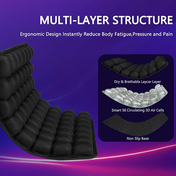 SUNFICON Air Cushion Inflatable Chair Air Seat Cushion Car Portable Breathable Comfort Cushion Office Wheelchair Pad Orthopedics Pain Pressure Relief Cushion Camping Seat Mat 18 x 16 x1 in Black - Image 2