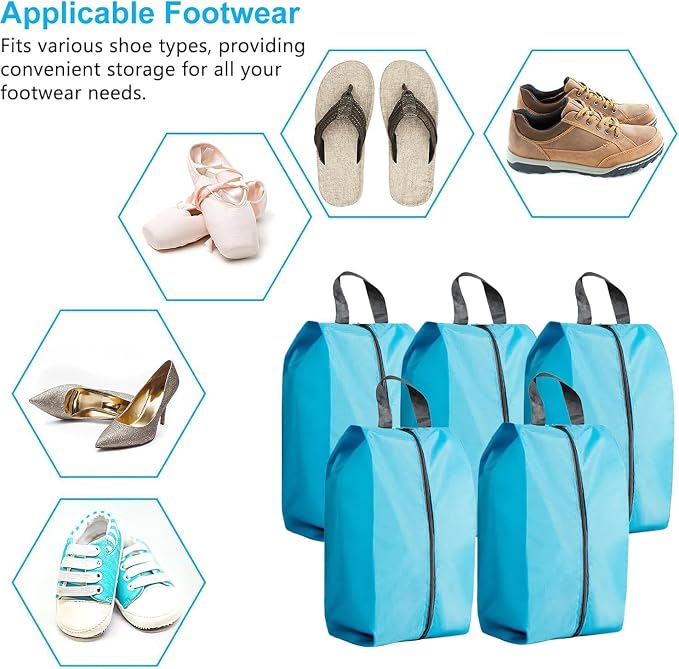 5Pcs XL Travel Shoe Bags Portable Travel Gifts Shoe Organizer with Zipper Closure, Waterproof Nylon Shoe Storage Organizer with Handle Travel Bags For Men and Women, Blue - Image 3
