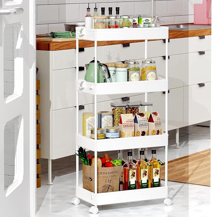 SPACEKEEPER 4 Tier Rolling Cart, Bathroom Cart Organizer with Wheels, White | Mobile Storage Cart for Laundry Room Organization,Kitchen,Office,Bathroom, Utility Cart for Snack,Craft,Art,Makeup,Nail,Toys - Image 7