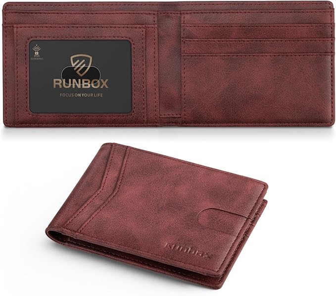 RUNBOX Wallet for Men Slim Leather Bifold RFID Blocking Minimalist Front Pocket Design with Gift Box | Minimalist Front Pocket Design, Holds 8 Cards, RFID Protection, Gifts for Men on Birthdays, Father’s Day, and Christmas by RUNBOX