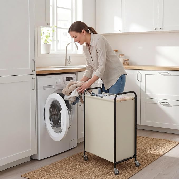 GRANNY SAYS Laundry Hamper, Large Cart with Wheels and Handles, Beige, 110L | Heavy Duty Metal Frame, Silent Rolling Basket for Clothes in Bedroom, Bathroom, Dorm - Image 8