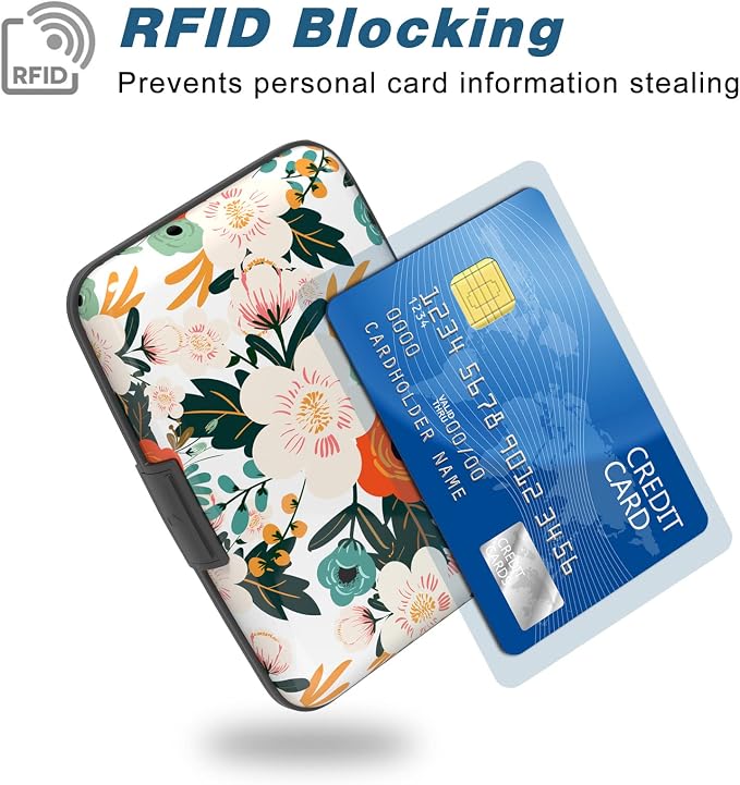 Credit Card Holder, Mini Aluminum Card Wallet RFID Blocking Slim Metal Hard Card Case for Women Men, Colorful Flowers - Image 2