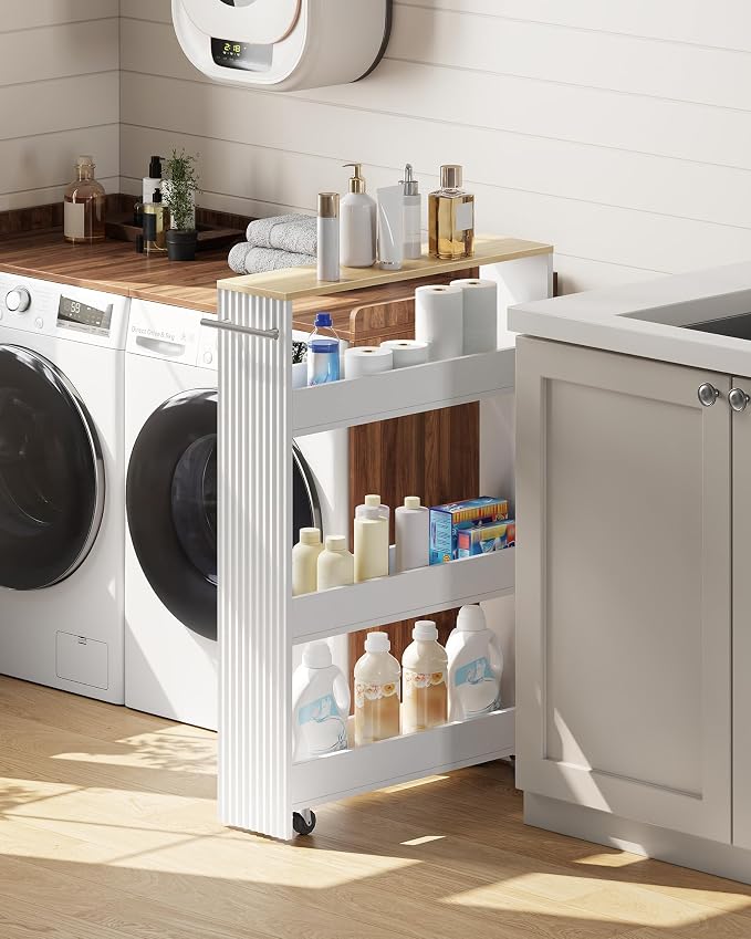 Slim Storage Cart with Wheels, 5.5" Narrow 4-Tier Rolling Cart, Multi-Purpose Utility Cart for Kitchen, Bathroom, Laundry Room, Living Room, White and Natural MTC02WN - Image 4