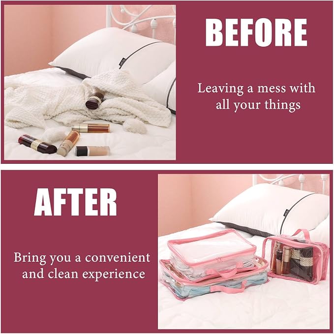 Hillban 6 Pcs Pink Large Clear Travel Packing Cube 3 Sizes See Through PVC Organizer for Suitcase Multipurpose Pouch with Handle Vinyl Zippered Storage Bags Luggage Cube Organizer - Image 5