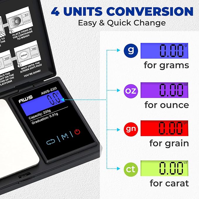 American Weigh Scales 220g x 0.01g Digital Pocket Weight Scale | Precision Digital Scale LCD Screen Accurately Measures Jewelry Gemstone Coins, Small Pocket Food Scale, Electronic Medicine Lab Scale - Image 4