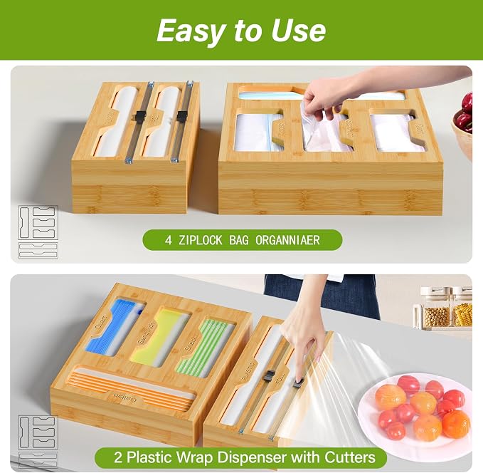 KOCWELL Bamboo Bag Storage Organizer - 2 Wrap Dispenser with Cutter & 4 Slots Food Storage Bags Container - Kitchen Drawer Plastic Bags Storage Organization for Gallon Quart Sandwich Snack Bags - Image 7