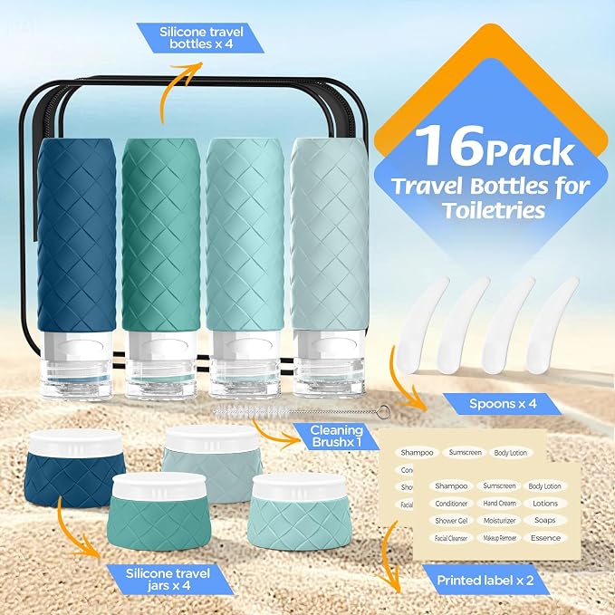 16 Pack Travel Bottles for Toiletries, TSA Approved Travel Size Toiletries Containers Set, BPA-Free Silicone Leak Proof Refillable Bottles Stackable Creams Jars Accessories Kit W/Clear Bag Mint Green - Image 3