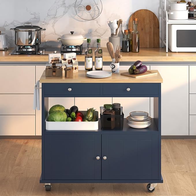 knoworld Rolling Kitchen Island with Storage Cabinet, 35.4'' Width Kitchen Cart, 2 Drawers Island Table, Portable Mobile Kitchen Island with Towel Rack, Wood Top and Lockable Wheels, Blue - Image 3