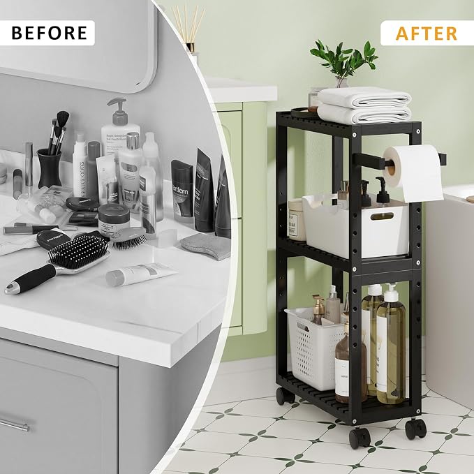 RRX Bamboo Rolling Cart,Slim 3-Tier Standing Shelf Units on Wheels (Black) | Bamboo Shelves Utility, Storage Corner Shelf Cabinet for Narrow Space, Toilet Paper Organizer for Bathroom, Kitchen - Image 5