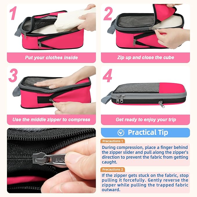 BAGAIL 4 Set/6 Set/8 Set Compression Packing Cubes Travel Accessories Expandable Packing Organizers (Half Mesh, 6-Fuchsia) - Image 4