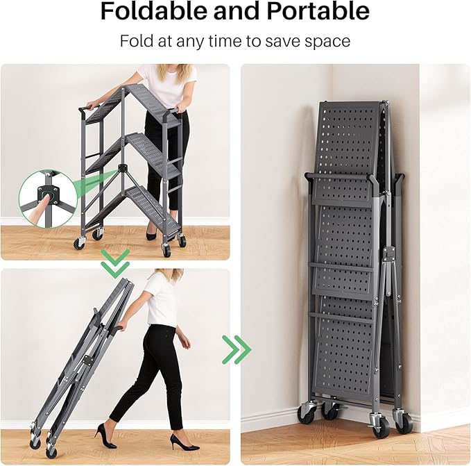 SNTD 3 Tier Rolling Cart, Metal Utility Cart on Wheels, Grey | Foldable Cart with wheels, Lockable Casters, Storage Cart for Kitchen, Office and Garage, Easy and Quick Assembly - Image 5
