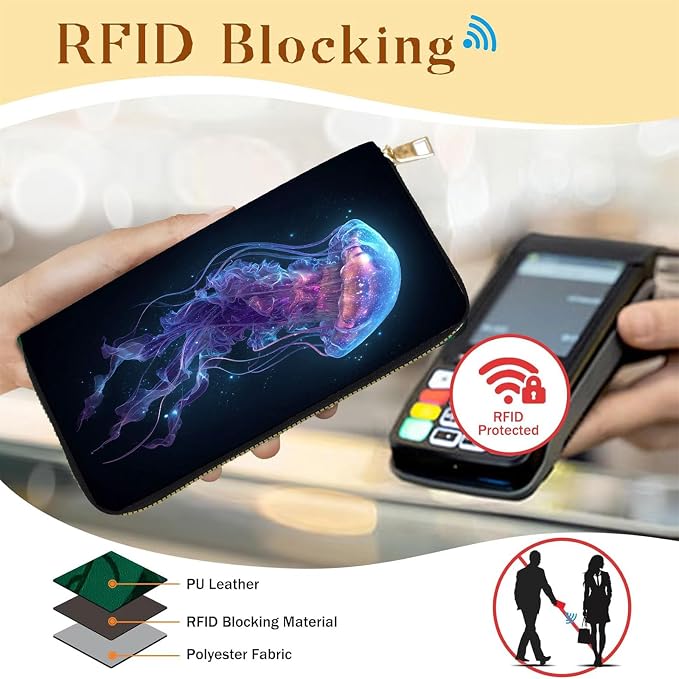 Women's RFID Blocking PU Leather Zip-Around Wallet, Large Capacity Clutch with Phone Holder, Travel Purse & Card Organizer with Removable Wristlet,Blue Jellyfish - Image 2