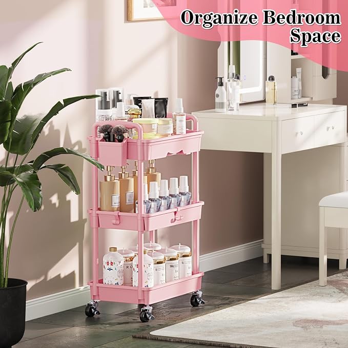 SUNALLY 3 Tier Rolling Cart with Drawer, Craft Storage Cart Organizer, Pink | Bathroom Storage Organizer with 2 Lockable Wheels, Rolling Utility Cart for Kitchen, Office, Baby, Makeup, Nail,Snack,Laundry - Image 7