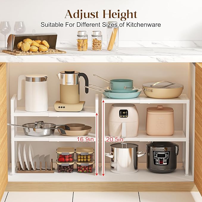 2-Tier Expandable Kitchen Storage Shelf,150LBS Heavy Duty Metal Shelving Units For Small Appliance,Adjustable Pots and Pans Organizer Rack Shelves For Kitchen Counter Under Cabinet Garage Pantry,White - Image 6