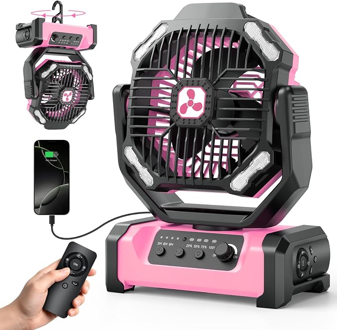 Portable Camping Fan with LED Lantern, 20000mAh Personal Rechargeable Fan | LED Lantern & Remote, Oscillating,Timer, Remote Auto, Hook for Tents Travel Outdoor Camp Beach Home Gifts by OnlyNewforYourLife