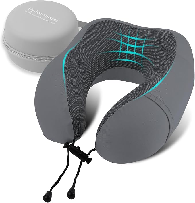 HydroAurum Travel Pillow 100% Pure Memory Foam Neck Pillow for Traveling – Ergonomic Neck Support Pillow for Airplane, Soft & Breathable Cover, Washable & Portable with Travel Bag by HydroAurum