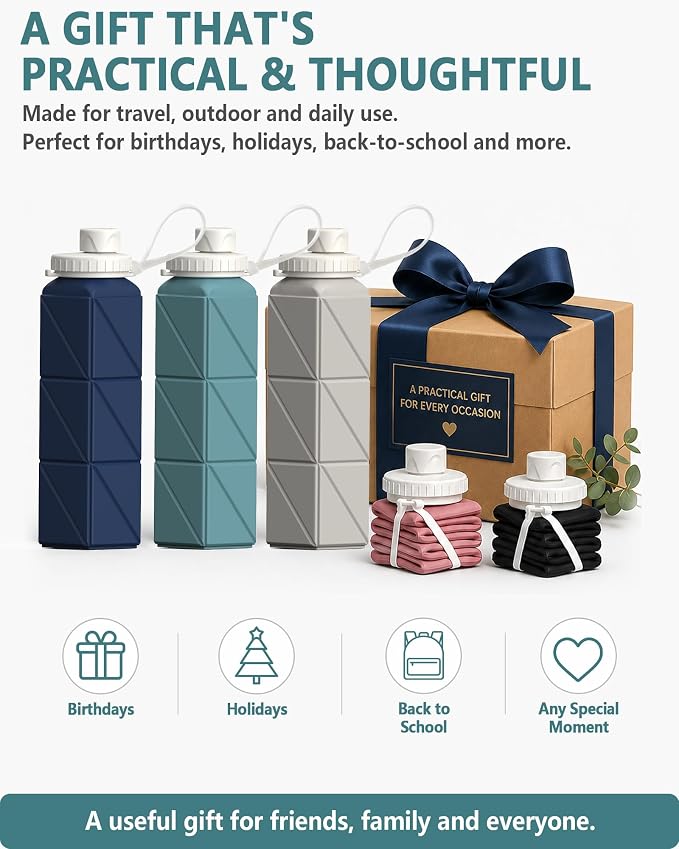BEAUTAIL Collapsible Water Bottles 21oz/610mL, Silicone Travel Water Bottle | BPA Free, Leakproof & Reusable, Foldable Water Bottle for Traveling, Hiking, School, Sports, Outdoor, 2-Pack, Blue+Starlight - Image 8