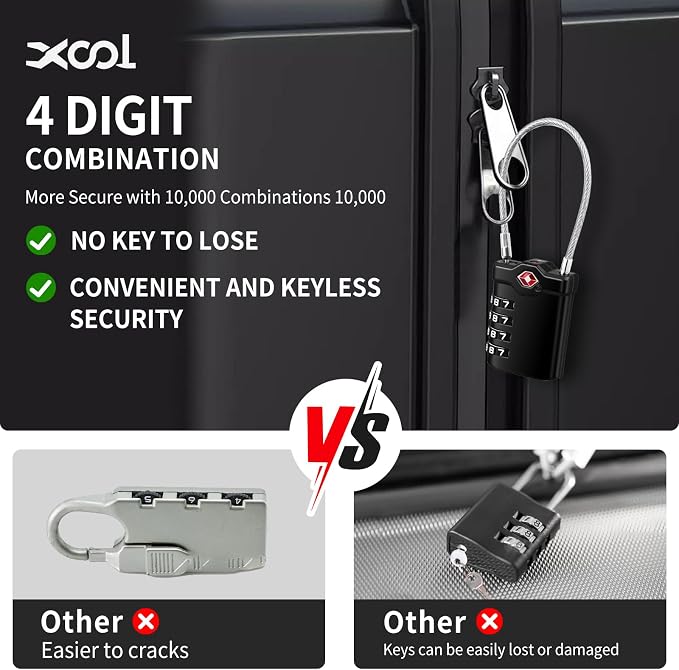 XOOL 2PCS TSA Approved Luggage Locks 4 Digit with Flexible Steel Cable, Resettable Luggage Padlock for Suitcases, Backpacks, Gym Bags & Travel Use - Image 4