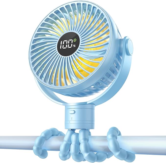 Coohea Portable Stroller Fan, 25H Long-lasting, 4 Speed, Night Light, Blue | 4000mAh Rechargeable Battery Powered Fan, Head Detachable 360° Rotate Mini Fan, Easy to Wrap for Car Seat Crib Bike Treadmill by Coohea