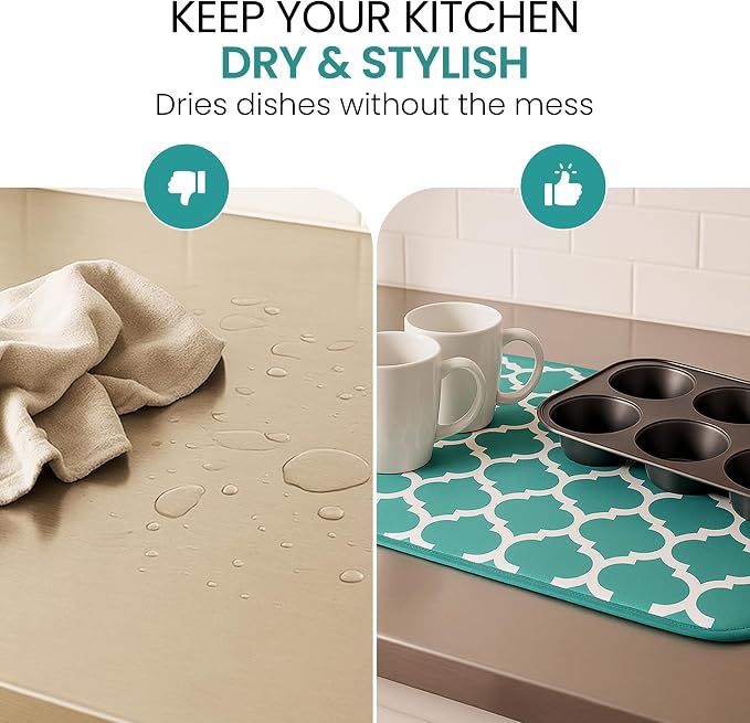 Dish Drying Mat for Kitchen Counter, Large 18 x 14 Absorbent Microfiber Pad | Machine Washable Quick Dry Kitchen Mat, Reversible Under Dish Rack Pad, Counter Protector for Dishes Pots Pans, Coffee Bar - Image 7