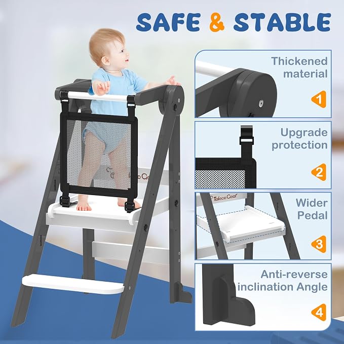 Foldable Toddler Tower, 3 Adjustable Height, Toddler Kitchen Stool Helper | Wooden Standing Tower with Safety Net ,Safety Feet,for Kitchen, Bathroom, Study Room,Offer Customer Service - Image 4