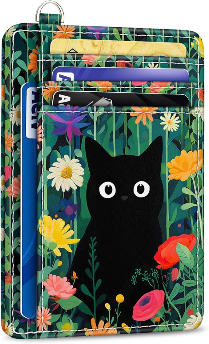 Yonlevres Cat Credit Card Holder Slim RFID Wallet Women Small Travel Cute | Front Pocket, Handy, RFID Blocking, Woman Girls Ladies Gifts, D-ring for Keychain,Thin Mini Card Case, ID Window, PU Leather by Yonlevres