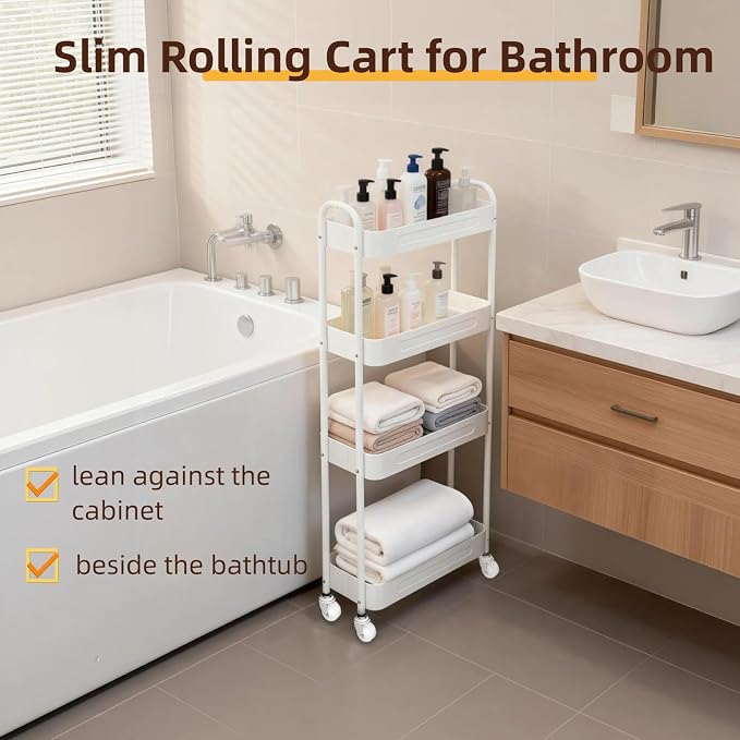 4 Tier Slim Kitchen Storage Cart for Narrow Space, 7.1'' Wide Metal Rolling cart with Wheels and Lockable Casters, Sturdy Mobile Thin Shelf for Laundry Room Between Washer and Dryer, White - Image 6