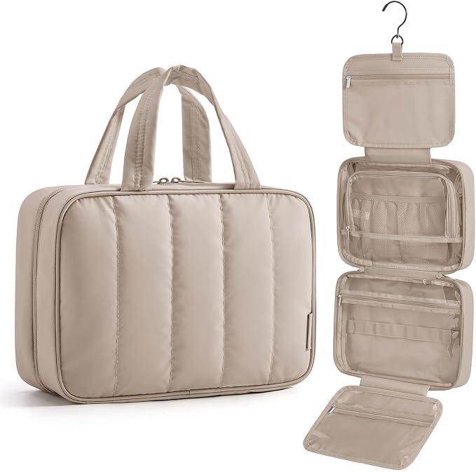 BAGSMART Travel Toiletry Bag for women, Portable Hanging Hook Makeup Bag Organizer, Waterproof Makeup Cosmetic Bag, for Full-Size Accessories, Toiletries, Camel by BAGSMART