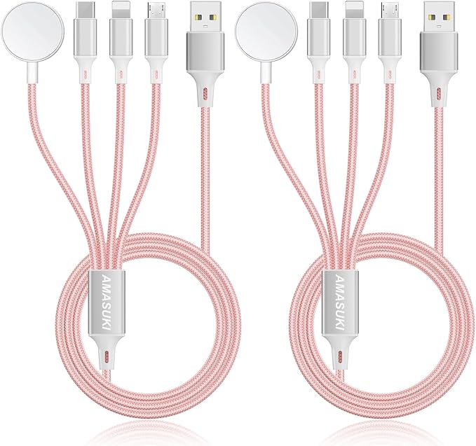 2Pack Multi Charging Cable for Apple Watch Charger 4 in 1 Travel Essentials RV Camping Essentials USB C/L/Micro Compatible with iWatch Series 11-1/iPhone 17/16/15/Android Airplane Gadgets-4FT/Pink by ChargeBeyondPowerWithin